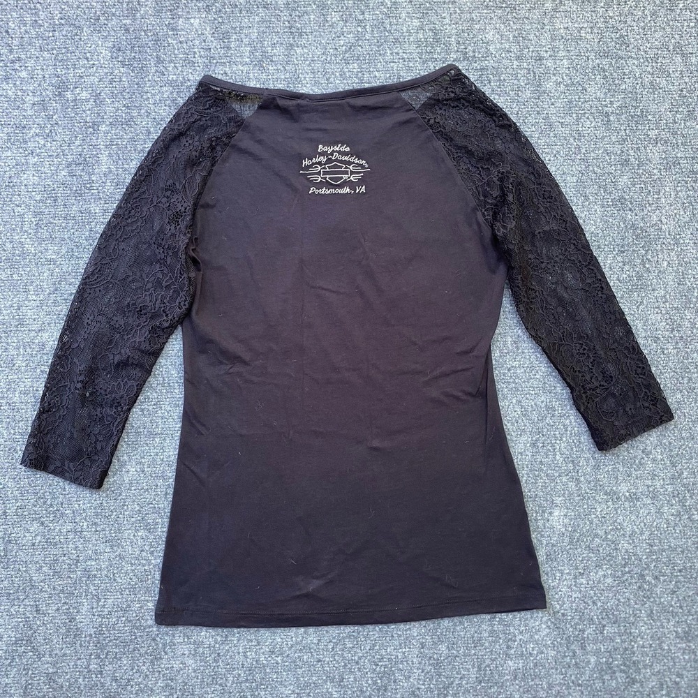 Harley-Davidson Top T-Shirt S Black Graphic Print Lace Sleeves Dark Romantic - Picture 3 of 11